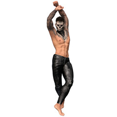 3D rendered male character with dia de los muertos face make up and full body tattoos, isolated on transparent background