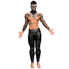 3D rendered male character with dia de los muertos face make up and full body tattoos, isolated on transparent background
