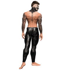 3D rendered male character with dia de los muertos face make up and full body tattoos, isolated on transparent background