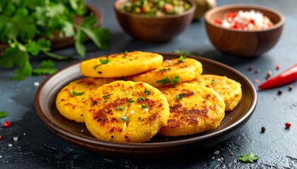 Delicious Potato Cakes with Fresh Herbs on Dark Background.