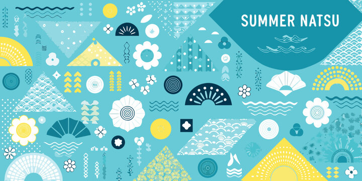 Vibrant japanese summer natsu pattern with traditional motifs and geometric shapes