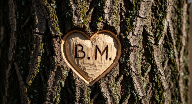 Closeup of a heart carved into a tree trunk with the initials bm, symbolizing love, nature, and a personal connection to the forest