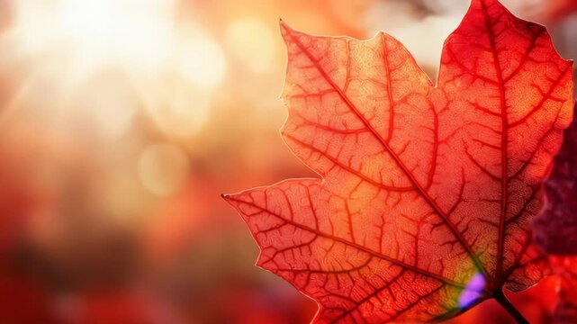 A close-up of a vibrant red leaf glowing in warm sunlight.