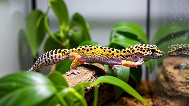 A close-up of a spotted leopard gecko walking in a terrarium. The exotic pet lizard moves across wood surrounded by green plants. Herpetology and domestic animal care concept