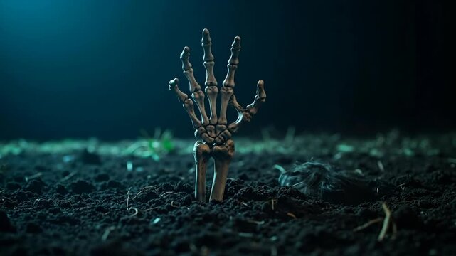 A skeleton hand and a zombie with glowing red eyes rise from a grave. Spooky undead monster emerging from the ground at night. Horror and Halloween concept