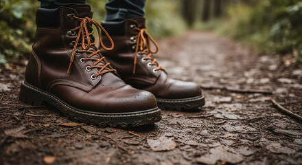 Closeup of brown leather hiking boots on forest path, showcasing footwear for outdoor adventures and exploring nature trails in style