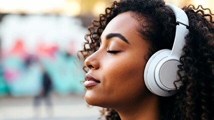 Close-up profile of a young woman listening to music on headphones. Person with eyes closed enjoying a moment of relaxation in an urban setting. Mindfulness and lifestyle concept