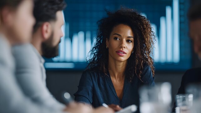 A diverse business team in a modern boardroom actively discusses financial data displayed on a large screen