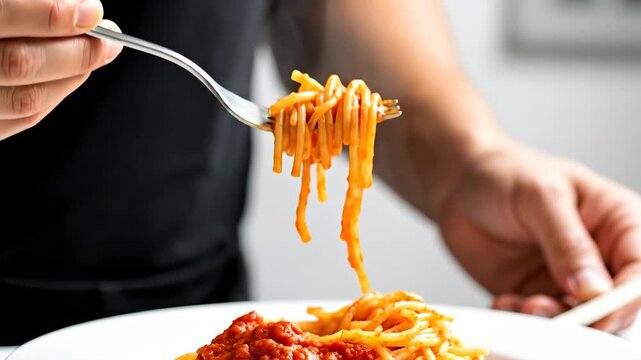 Close-up of a person eating spaghetti with tomato sauce. Twirling hot pasta on a fork from a white plate. Italian cuisine and dining concept