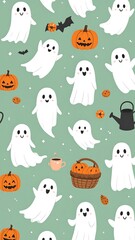 Fototapeta premium Whimsical illustration featuring ghosts, pumpkins, and bats