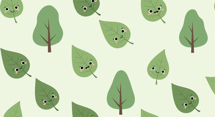 Adorable green leaves and trees with cute faces pattern.
