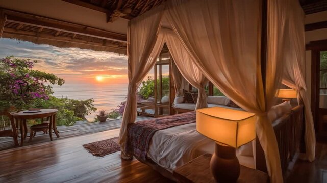 Luxurious tropical bedroom with open view to a breathtaking ocean sunset, perfect for a romantic resort getaway and relaxation