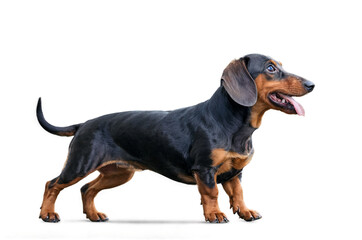 Black and Tan Dachshund Dog Standing Profile Isolated on White/Transparent Background