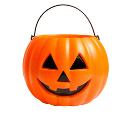 Orange plastic pumpkin bucket with carved jackolantern face and black handle isolated on transparent background