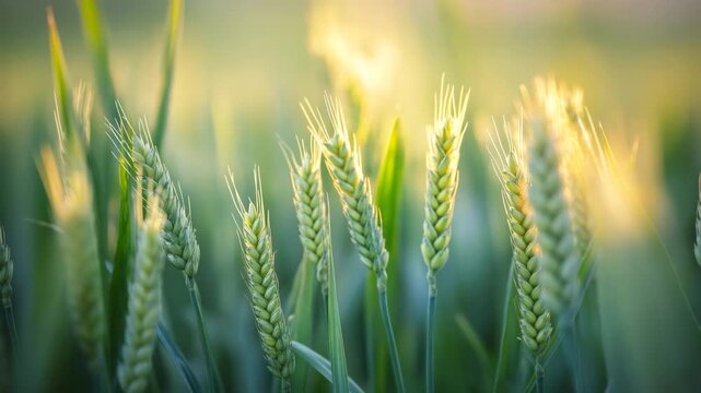 Close-up wheat ears glowing in sunlight