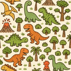 Naklejka premium Colorful Dinosaur Cartoon Pattern with Volcano and Trees