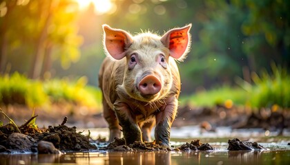 Piglet in Mud - A Close-Up of a Young Pig in Nature.