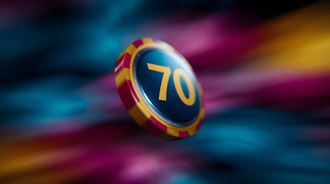 A vibrant spinning poker chip with the number 70 is captured in sharp focus against a blurred colorful background - Powered by Adobe