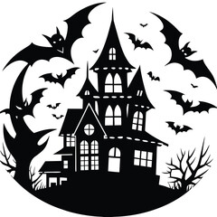 Spooky haunted house silhouette with bats flying around
