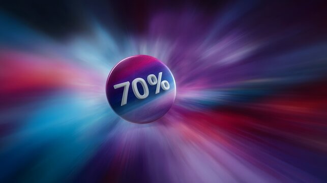 A vibrant glossy orb displaying 70 floats against a dynamic abstract background with motion blur symbolizing a major sale or discount