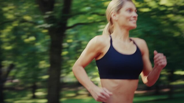 Fit woman jogging in park on sunny morning