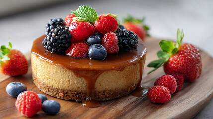 A cheesecake with caramel and fresh berries on a wooden plate, close up shot with natural lighting