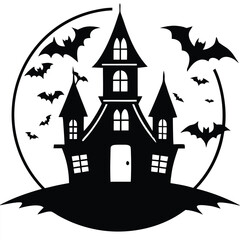Black and white haunted house with bats