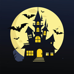 Spooky haunted house with bats flying around on a full moon night