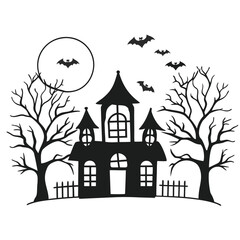 A spooky haunted house with bats flying around