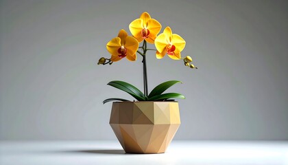 Vibrant Yellow Orchid in Geometric Pot - A Study in Floral Beauty.