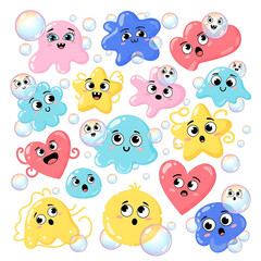 Fototapeta premium A cute collection of colorful cartoon germ characters with big expressive eyes The glossy microbes are shaped like stars hearts and blobs surrounded by soap bubbles.
