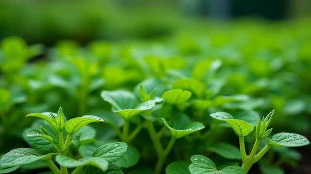 Garden bed rows of serrated arugula leaves with dewdrops clinging to the edges