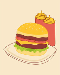 Minimalist Flat Design Beef Burger Illustration with Copy Space for Menu or Advertisement