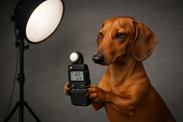 Dachshund Holding Light Meter in Photography Studio Setting