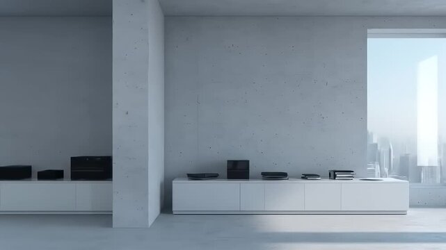 Minimalist concrete interior featuring a long white cabinet, objects, and a city view through a window