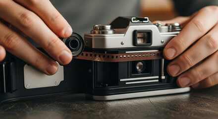 Closeup of hands loading a film roll into a vintage camera, highlighting the traditional process and intricate mechanics of photography