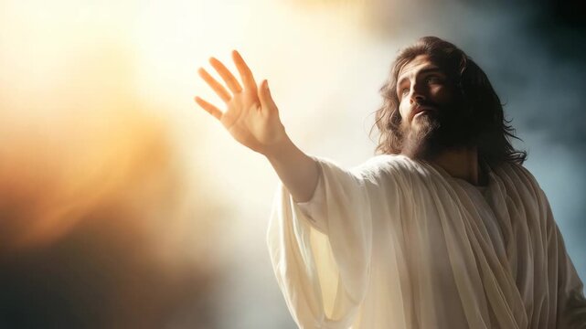 Jesus reaching out toward divine light  
