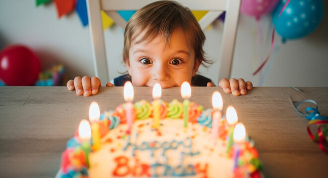 Excited baby peeking over table at birthday cake with lit candles, celebrating first birthday with colorful decorations and balloons, happy childhood