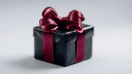 Obraz premium An elegant black gift box with a deep red ribbon and bow presented on a clean studio background