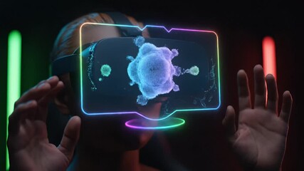 Human hand touching a futuristic holographic interface showing a biological cell or organism structure, scientific research, biotechnology, medical diagnosis and advanced genetic engineering concept - Powered by Adobe