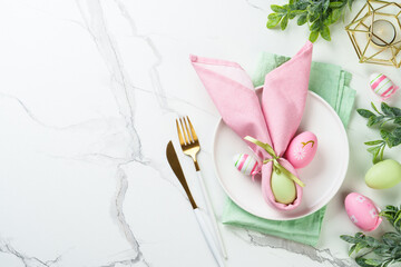 Easter food with decorations on white background.