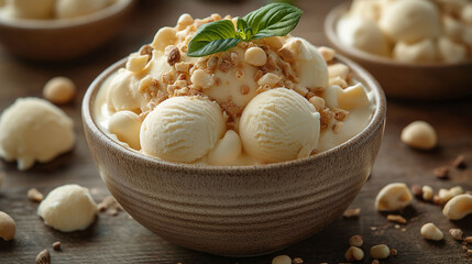 Indulge in creamy vanilla ice cream scoops topped with crunchy nuts and fresh basil, a delightful dessert treat for any occasion