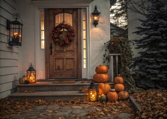 Obraz premium Spooky halloween wreath adorning a wooden front door with pumpkins stacked on steps flickering lanterns and dead leaves under moonlight