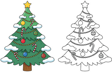 Cartoon Christmas Tree with Decorations - Flat Design Vector Illustration for Coloring Book Page, Holiday Cards, and Winter Projects