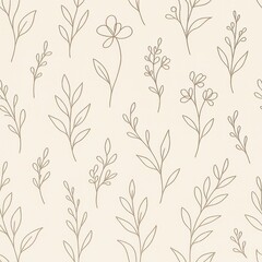 Fototapeta premium Elegant Botanical Line Art Pattern on Beige Background
