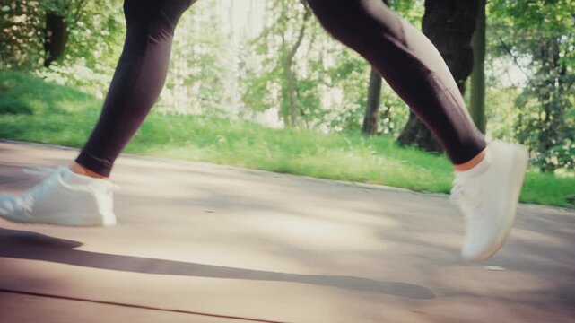 Close-up of female legs running on a park pathway