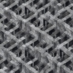 Seamless Geometric Architecture Maze Pattern Background &ndash; Abstract 3D Concrete Staircase Design with Optical Illusion Effect