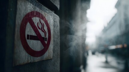 No smoking sign affixed to a textured urban wall with atmospheric smoke in the foreground
