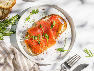 bruschetta with salmon on a white background