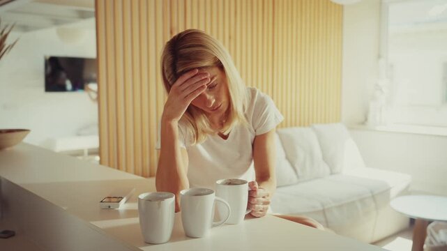 Woman Sit at Table drink coffee Feeling Tired in Morning Light
